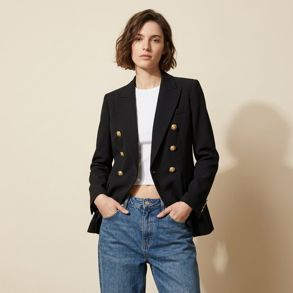 Tailored Double-Breasted Blazer Jacket with Embossed Gold Buttons - BLACK
