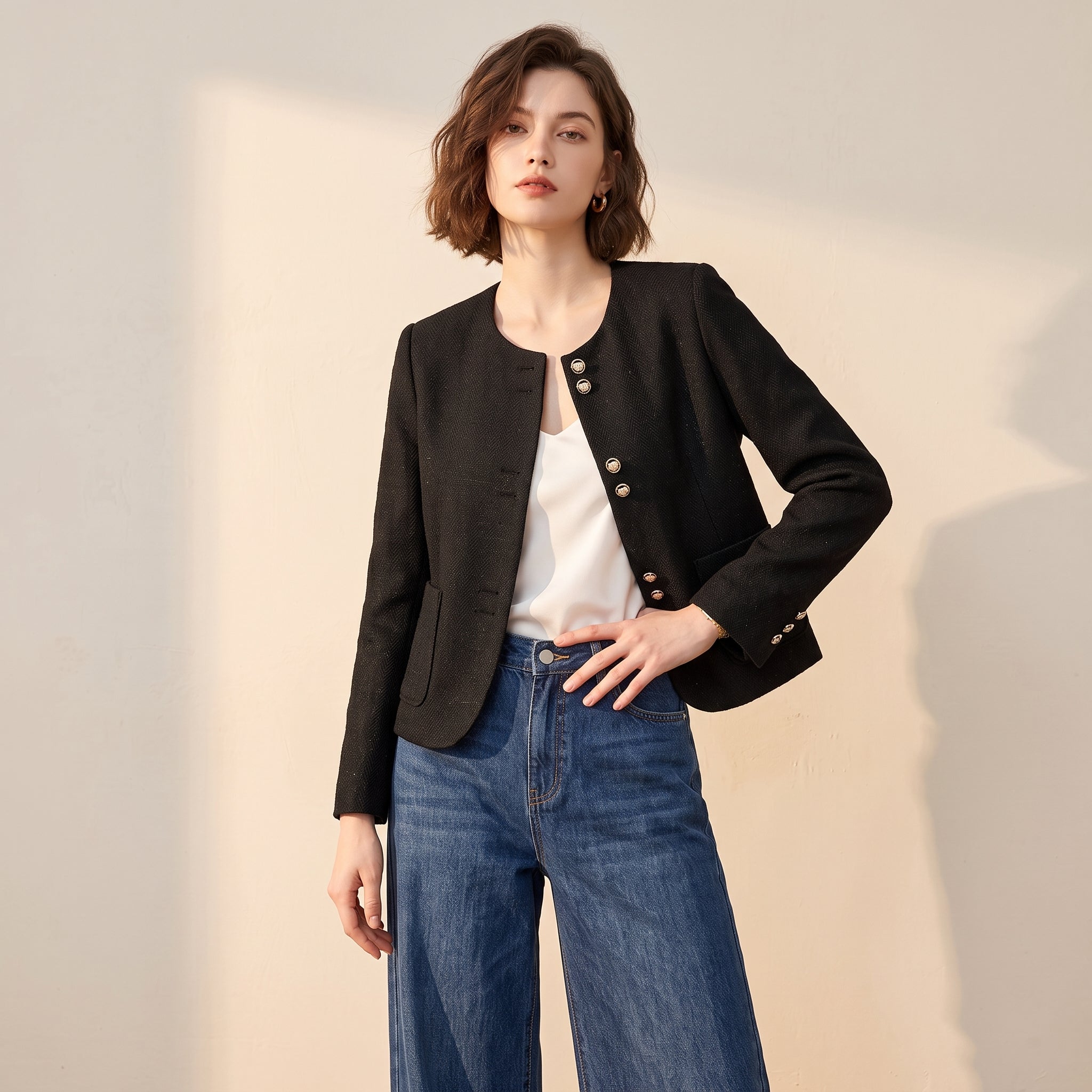Modern Chanel Style Textured Tweed Cropped Jacket - BLACK alt