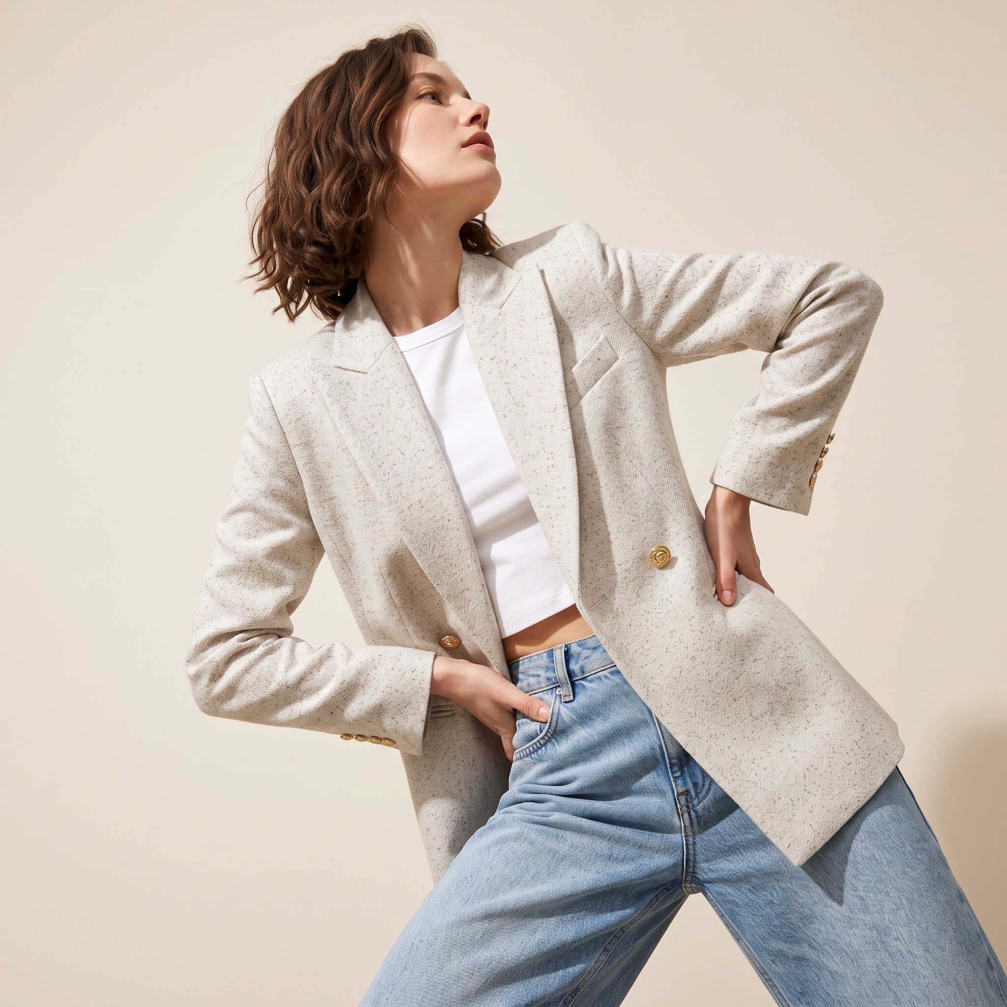 Tailored Textured Blazer Jacket with Gold Accent Button - OFFWHITE