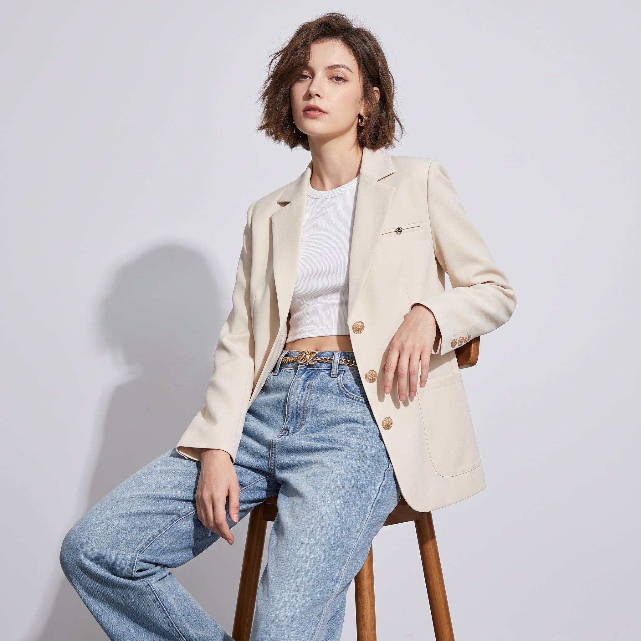Modern Off-White Workwear Blazer Jacket – Gold Crest Buttons & Lapel Accent - OFFWHITE