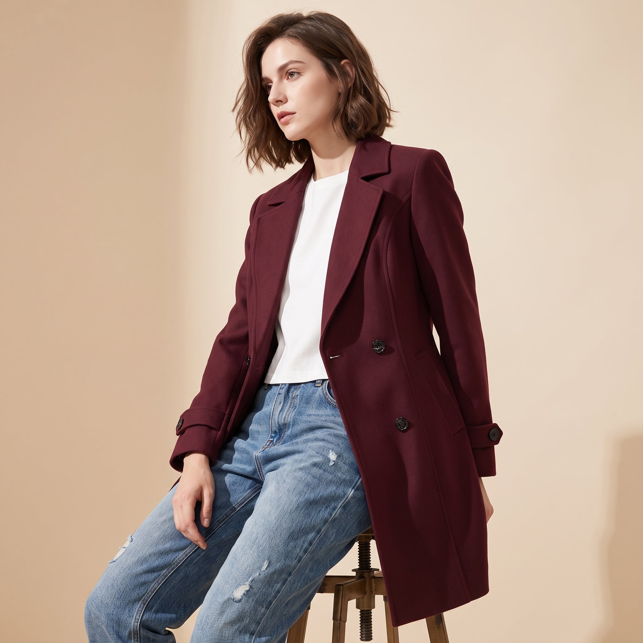 Tailored Double-Breasted Over Coat - WINERED