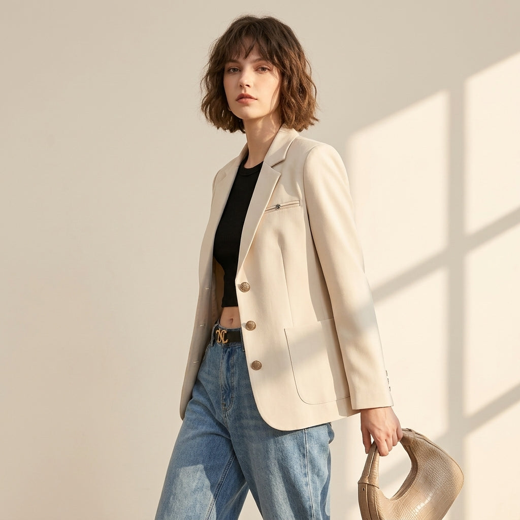 Modern Off-White Workwear Blazer Jacket – Gold Crest Buttons & Lapel Accent - OFFWHITE alt