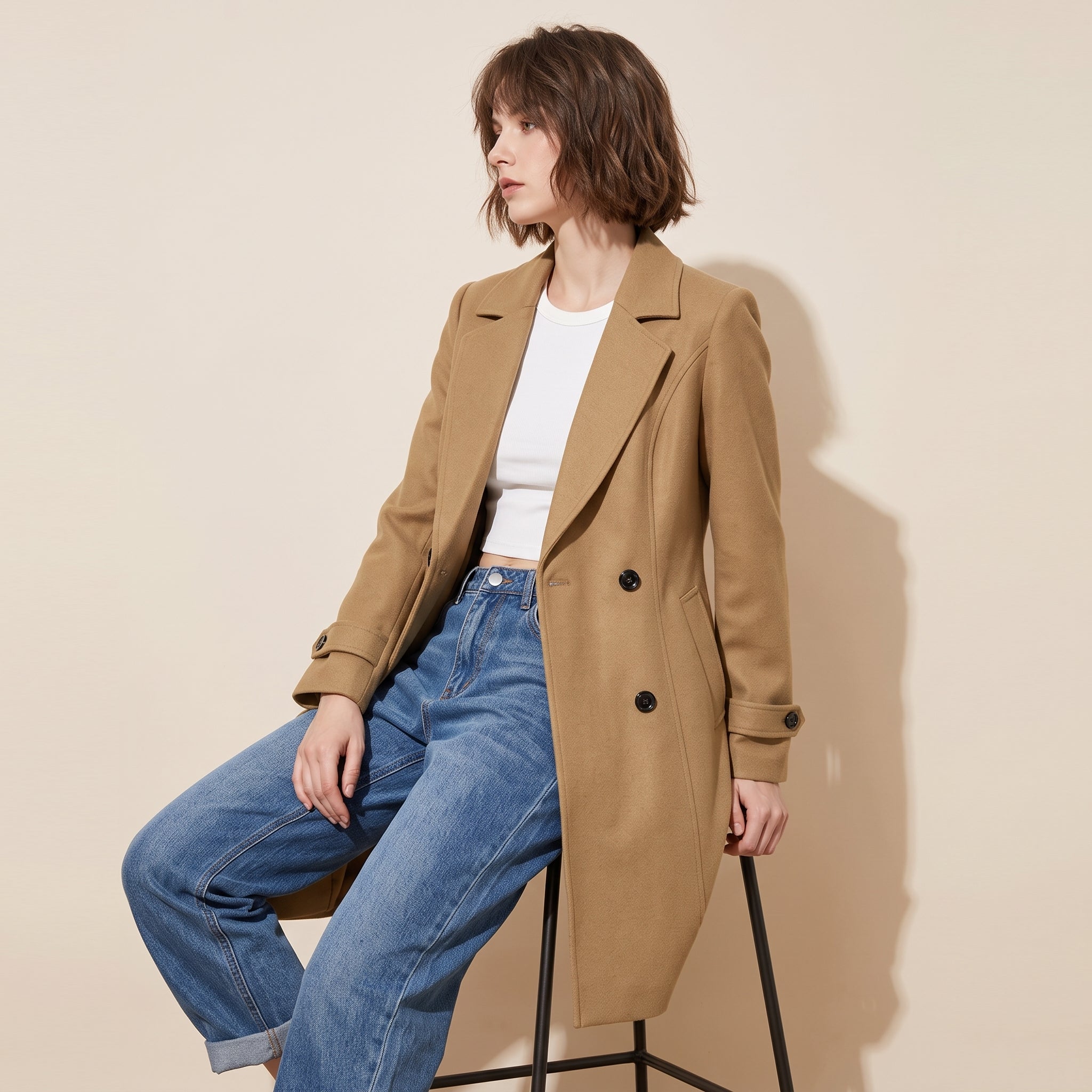 Tailored Double-Breasted Over Coat - KHAKI alt