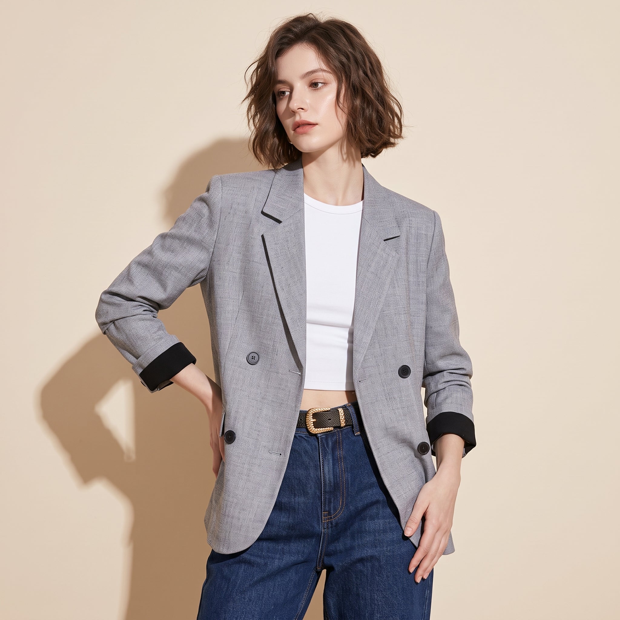 Tailored Grey Double-Breasted Blazer Jacket with Contrast Cuffs - GREY