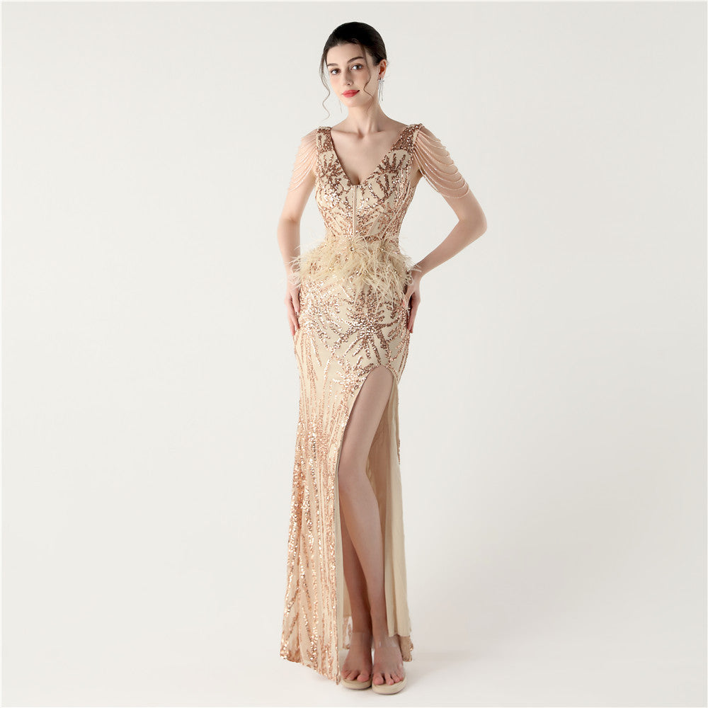 Sequin Slit Dress with Beaded Shoulder Fringe alt
