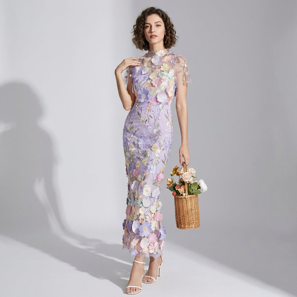Intricate Floral Embroidery Mesh Fishtail Violet Dress - 810908122798_VIO alt