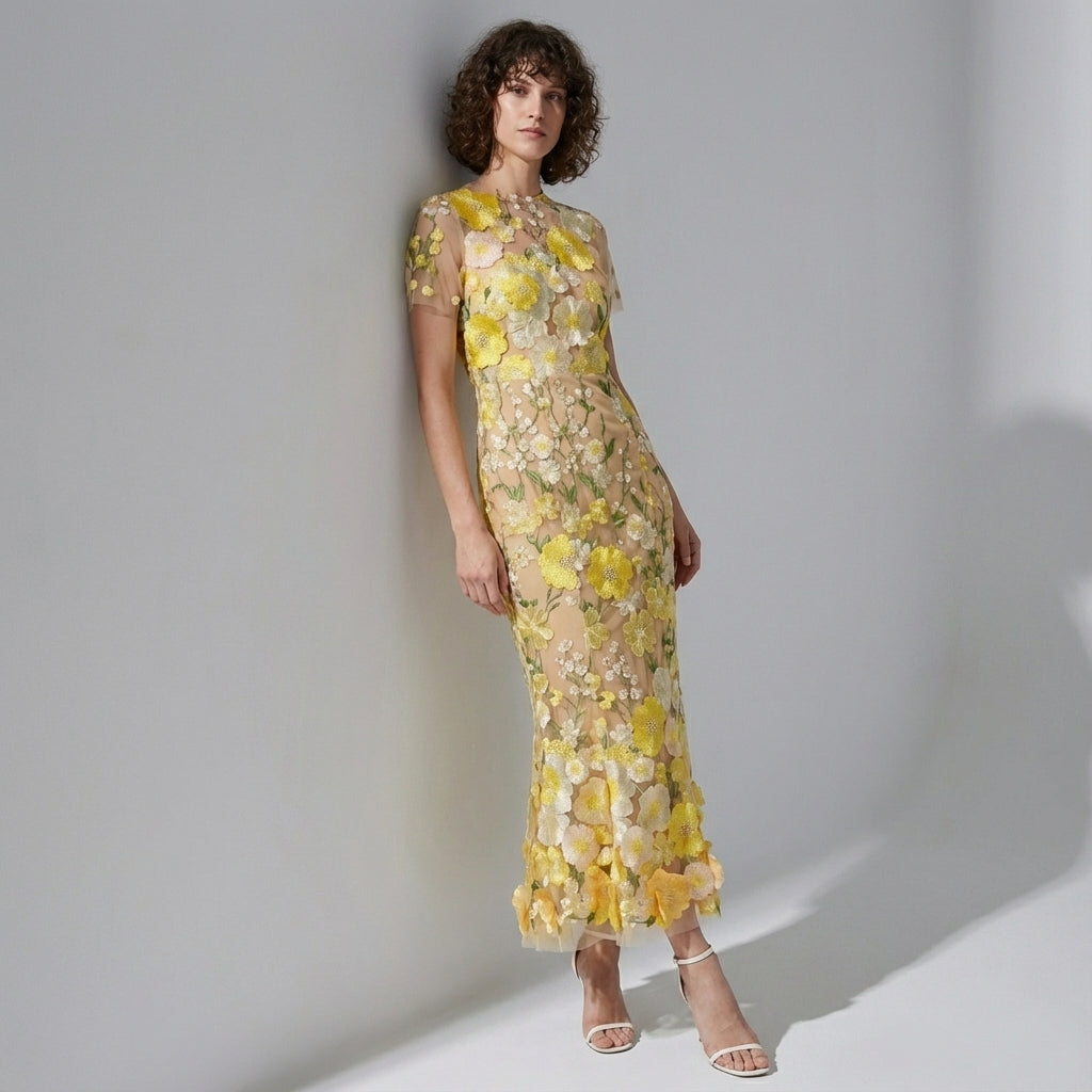 Intricate Floral Embroidery Mesh Fishtail Yellow Dress - 810908122798_YEL alt