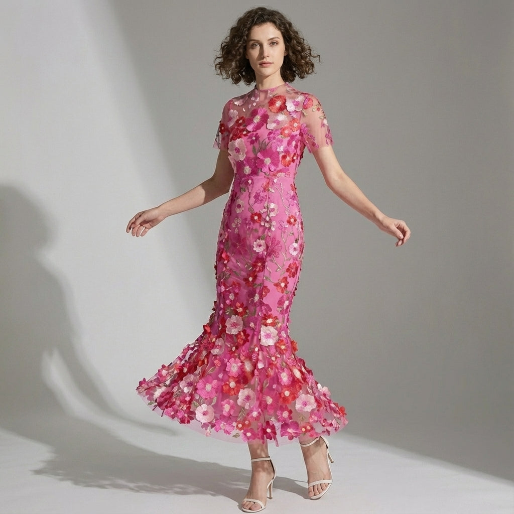 Intricate Floral Embroidery Mesh Fishtail Rose Red Dress - 810908122798_ROS alt