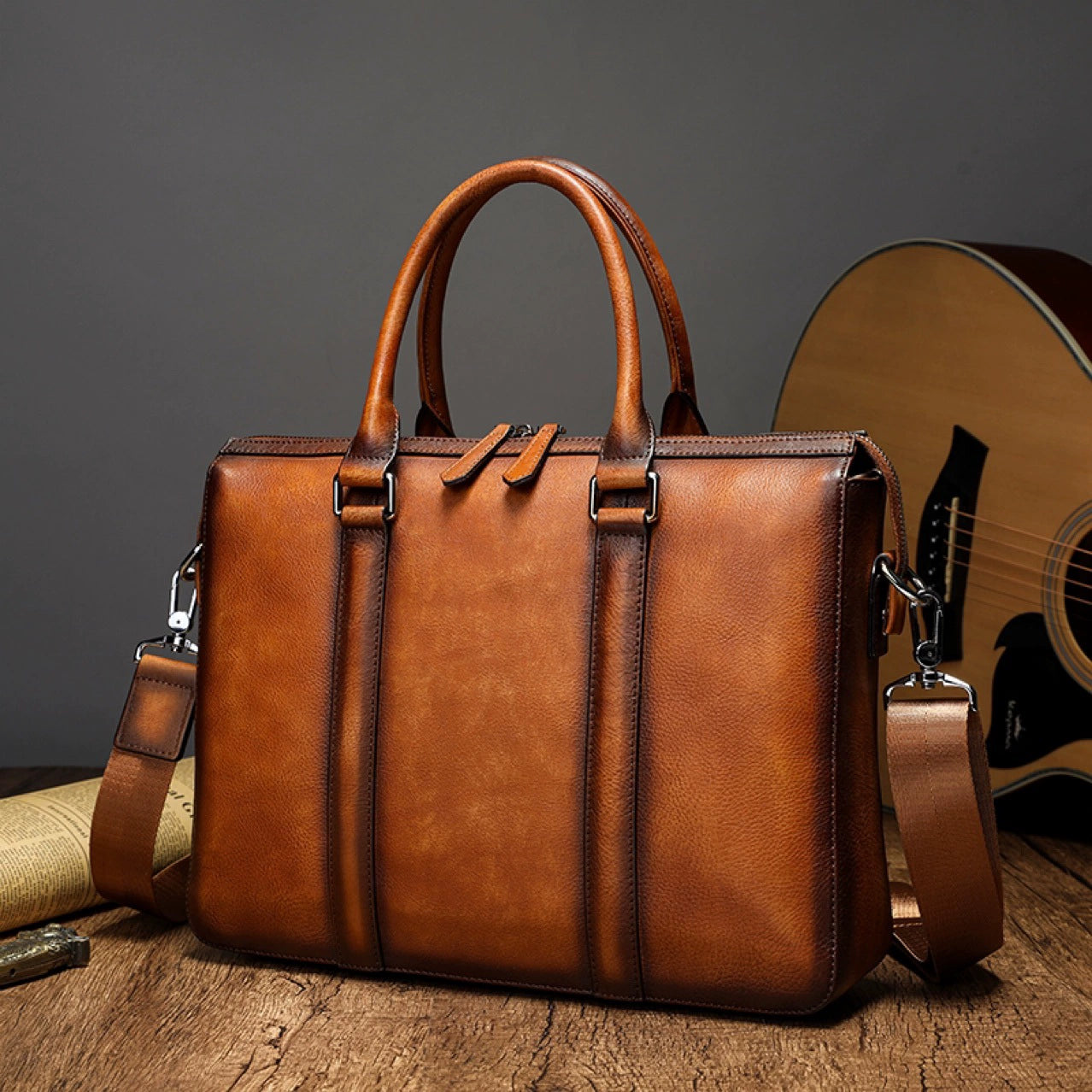 Vegetable Tanned Genuine Leather Laptop Bag - alt