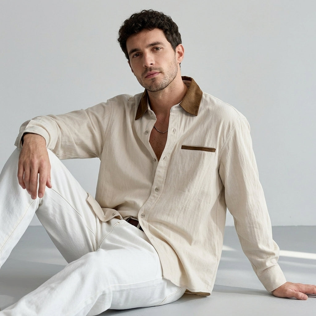 Lyocell Drape Shirt in Sandstone with Mocha Collar