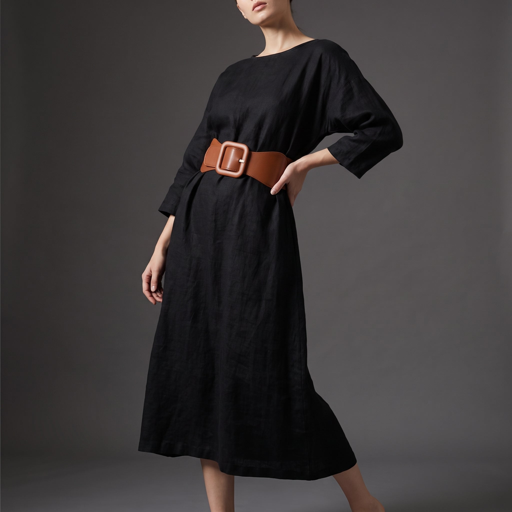 Women's Elastic Waist Belt with Square Buckle - BROWN