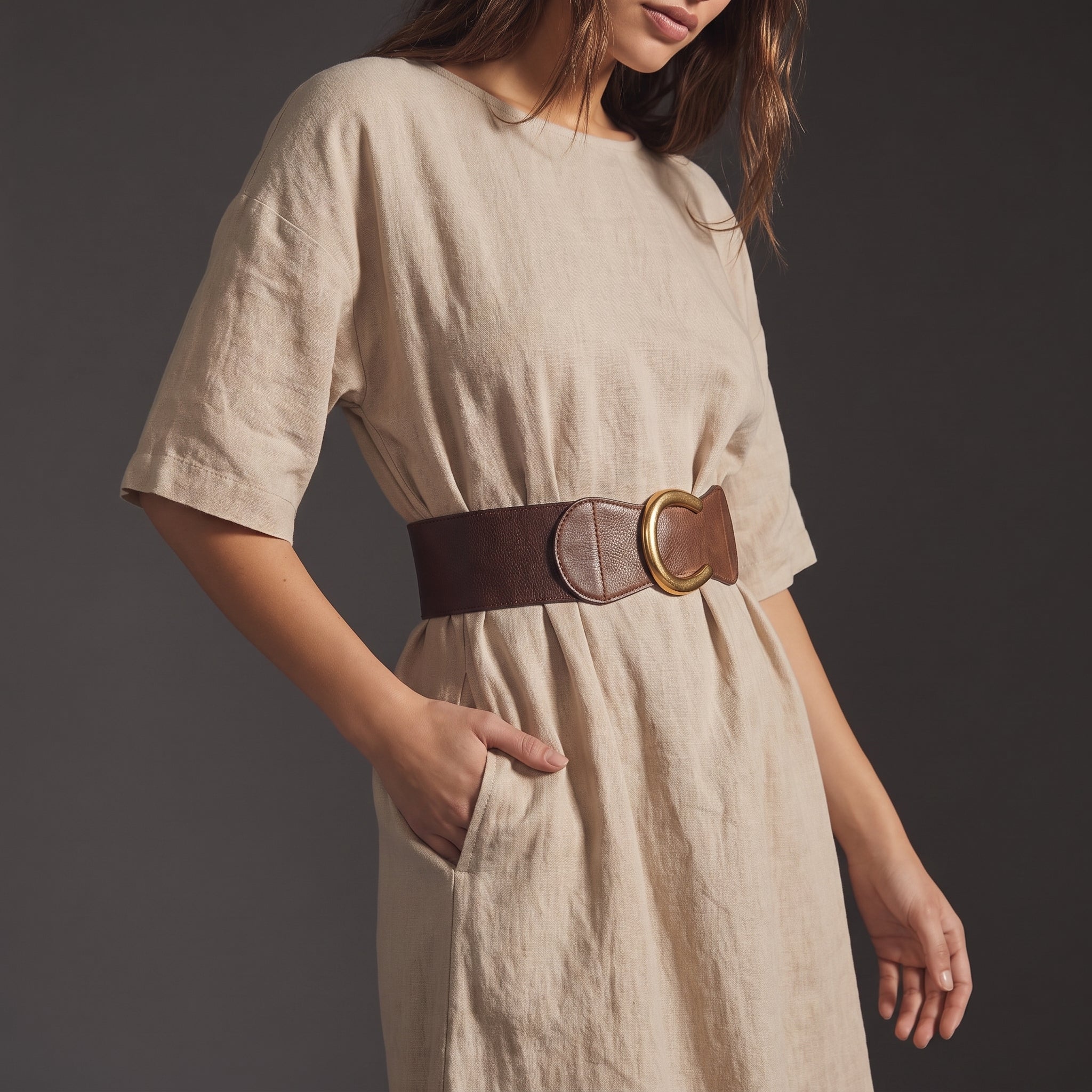 C-Buckle Wide Waist Belt - BROWN