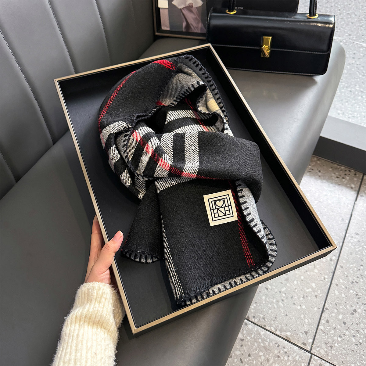 Whipstitch Plaid Winter Scarf - 45 * 190 CMS - FYR-176_BLACK
