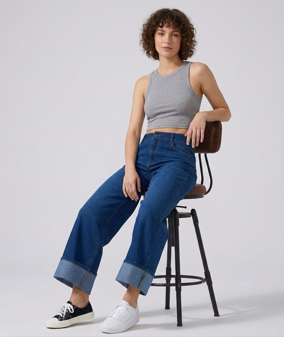 Flex-Cuff Wide Legs Denim in Dark Blue alt