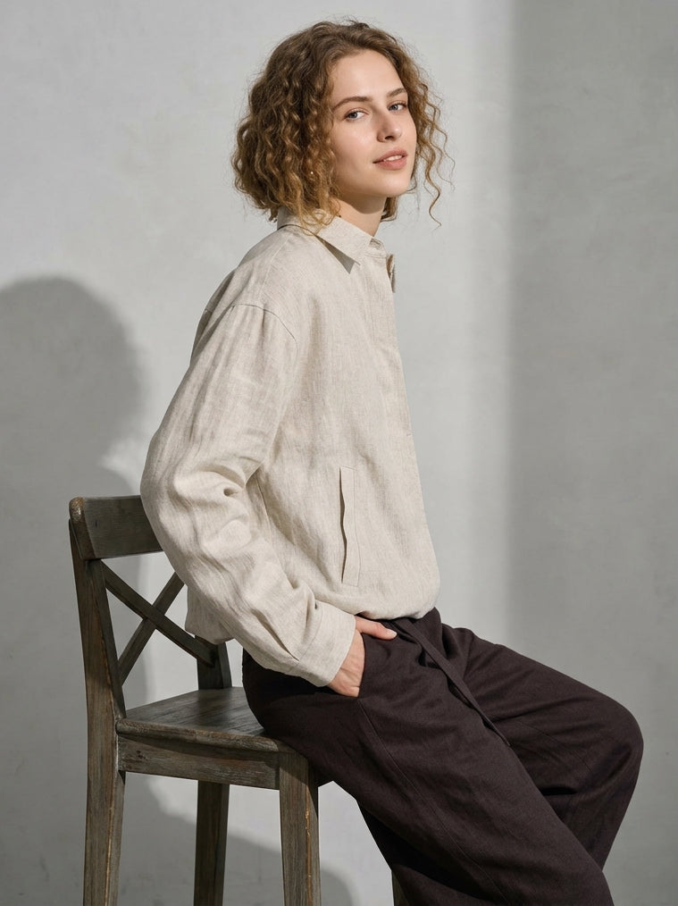 Linen Overshirt Jacket in Oat Beige alt