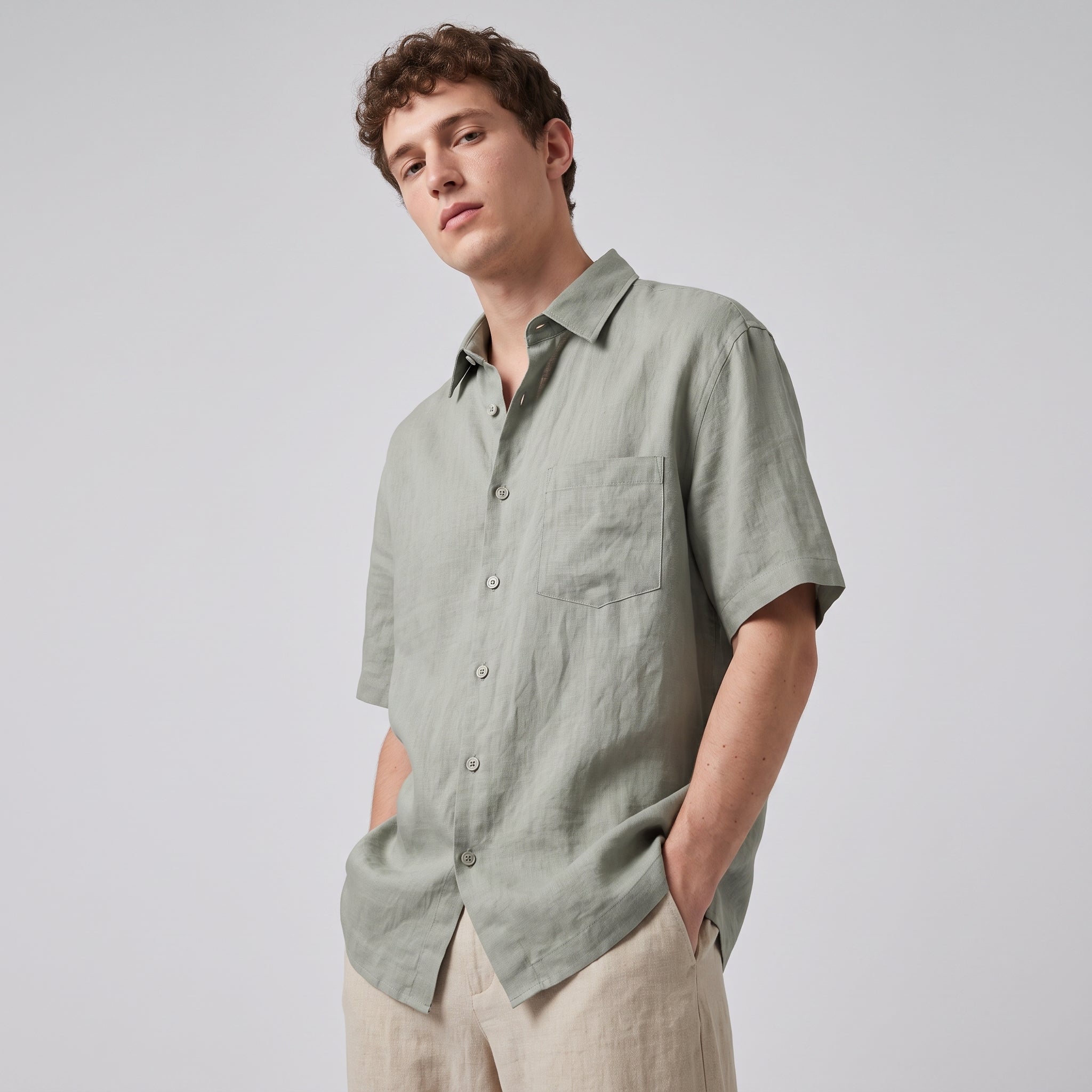 100% Flax Linen Short Sleeve Shirt - GRAYGREEN