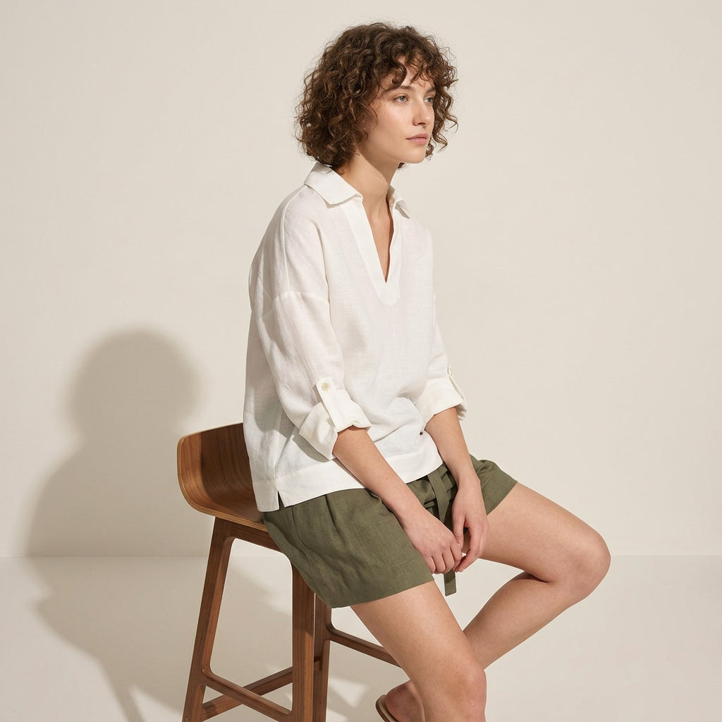 V-Neck Linen Top in Sheer White