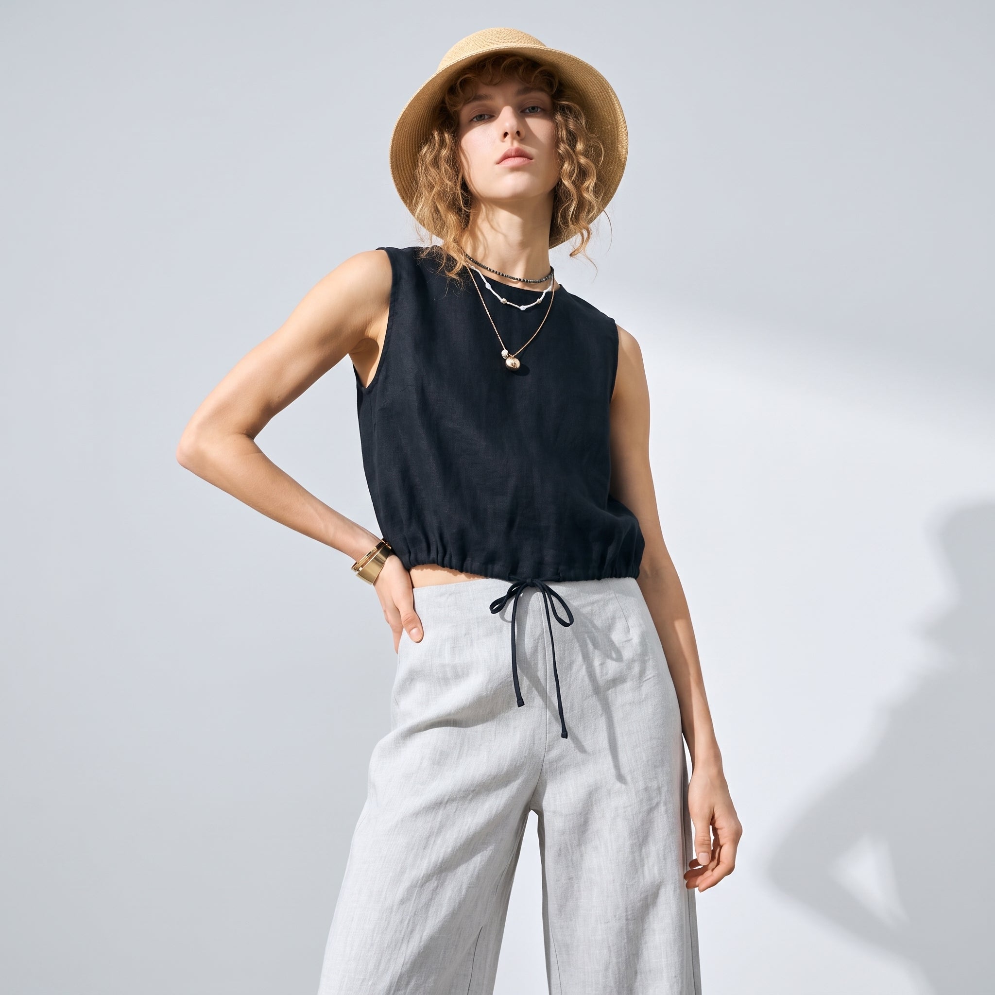 The Riviera 100% Linen Adjustable Crop Top - BLACK