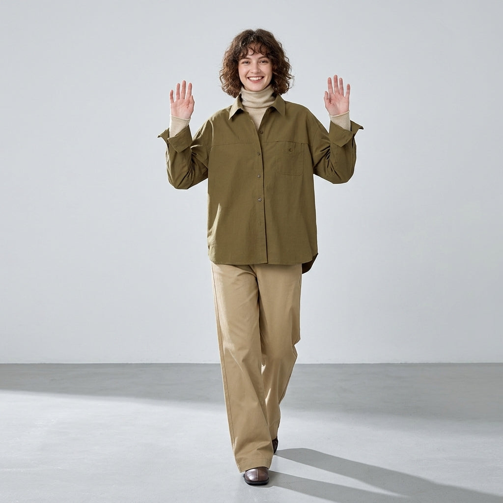 French Old Money Oversized Hemp-Cotton Shirt - OLIVEGREEN alt