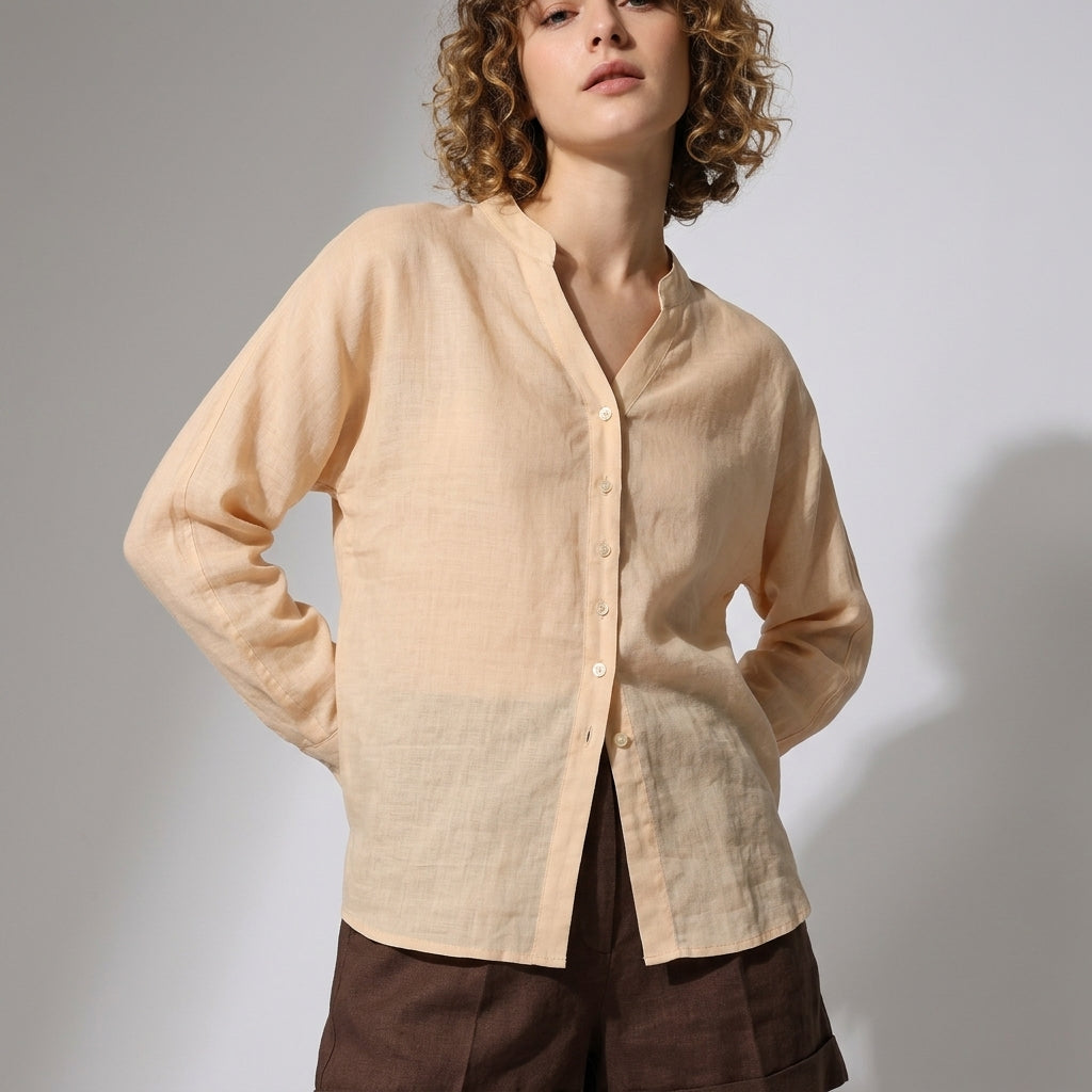 Ramie V-Neck Shirt in Apricot Sand