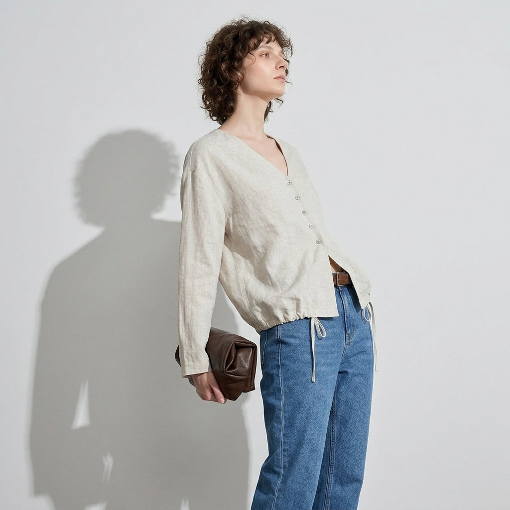 V-Neck Linen Top in Dune Beige