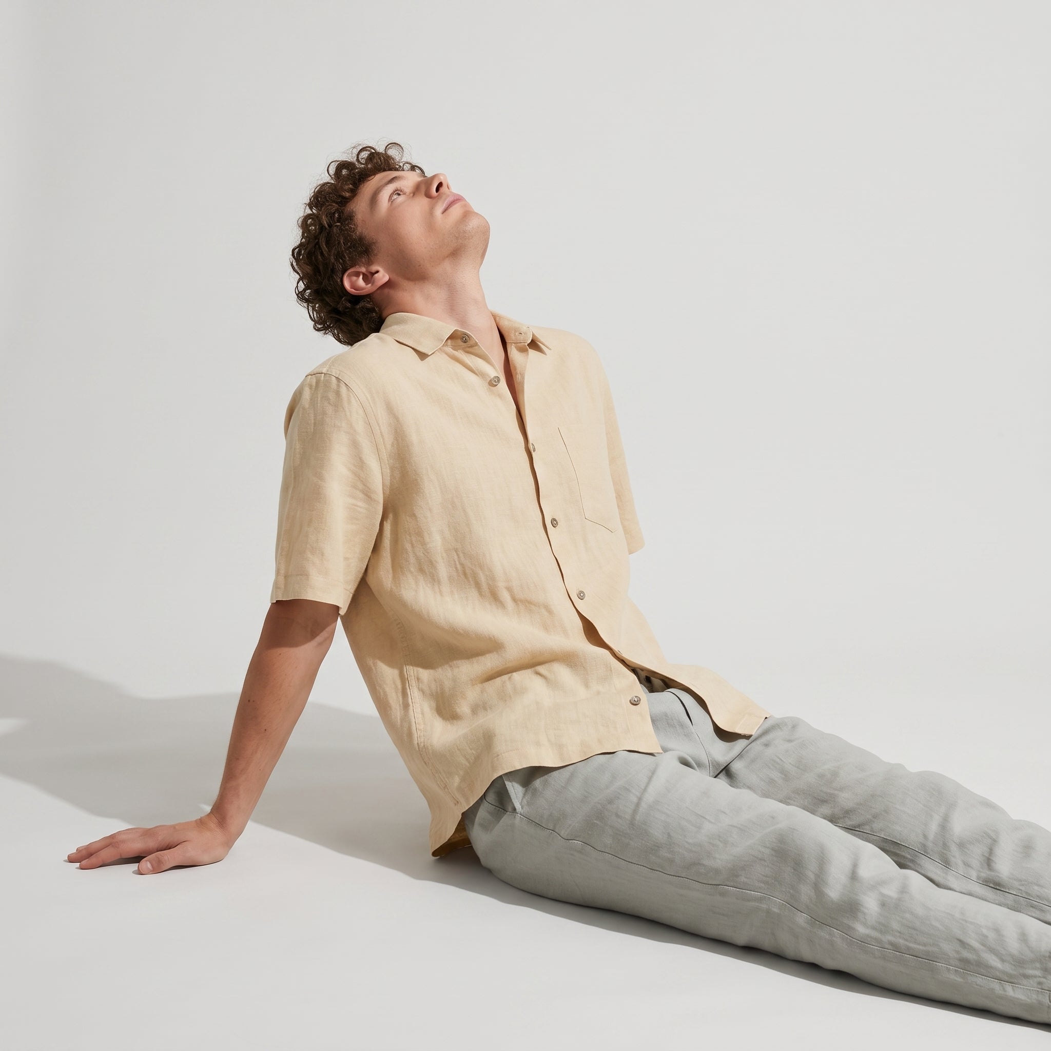 100% Flax Linen Short Sleeve Shirt - SANDYELLOW alt