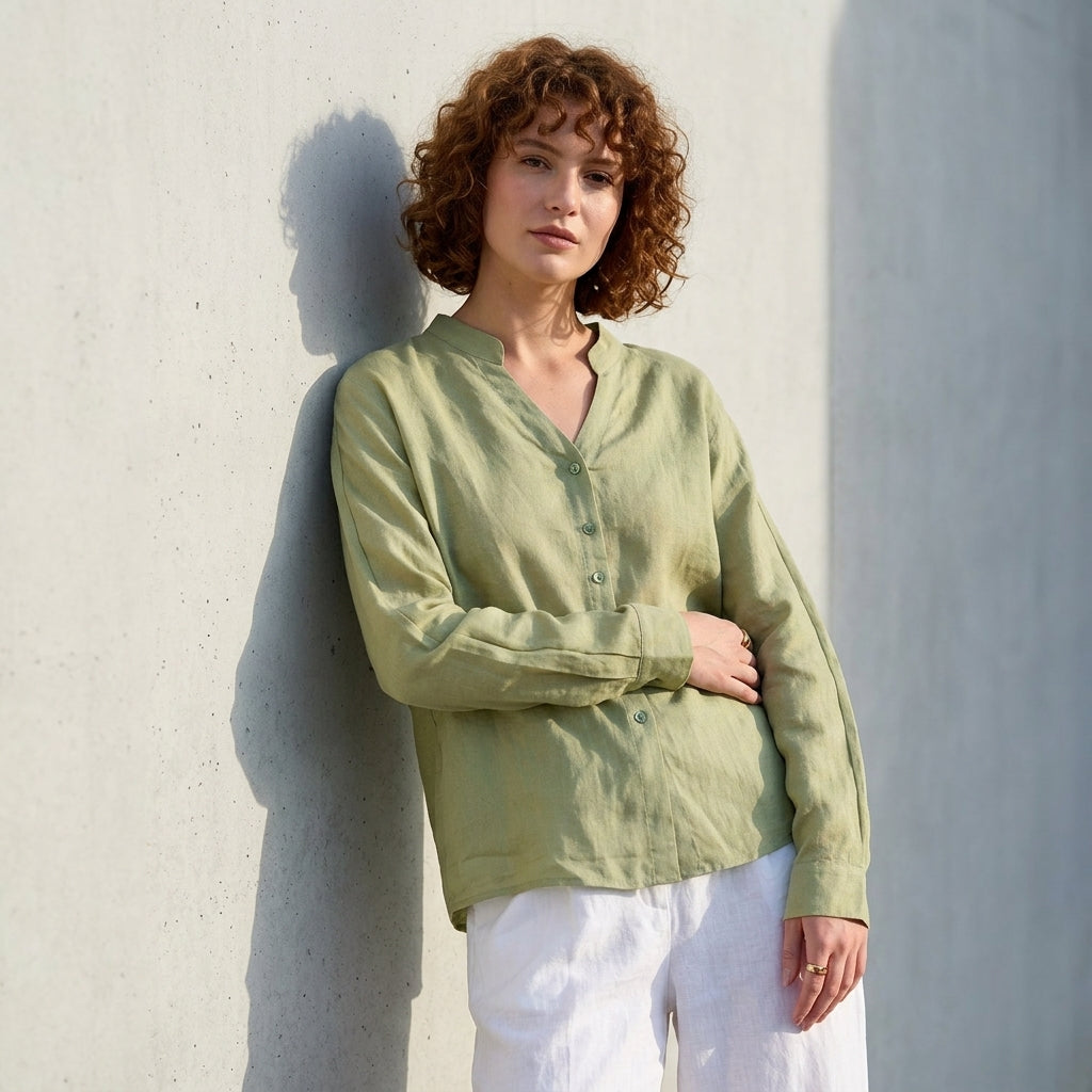 Ramie V-Neck Shirt in Soft Olive
