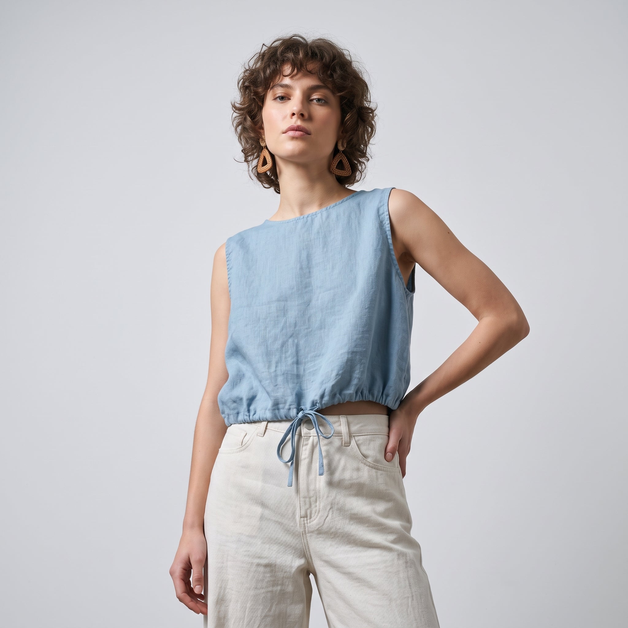The Riviera 100% Linen Adjustable Crop Top - HAZEBLUE alt