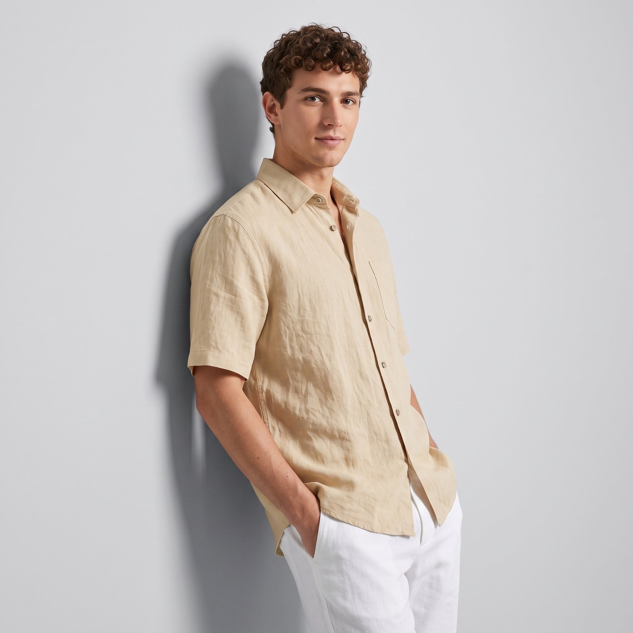 100% Flax Linen Short Sleeve Shirt - SANDYELLOW