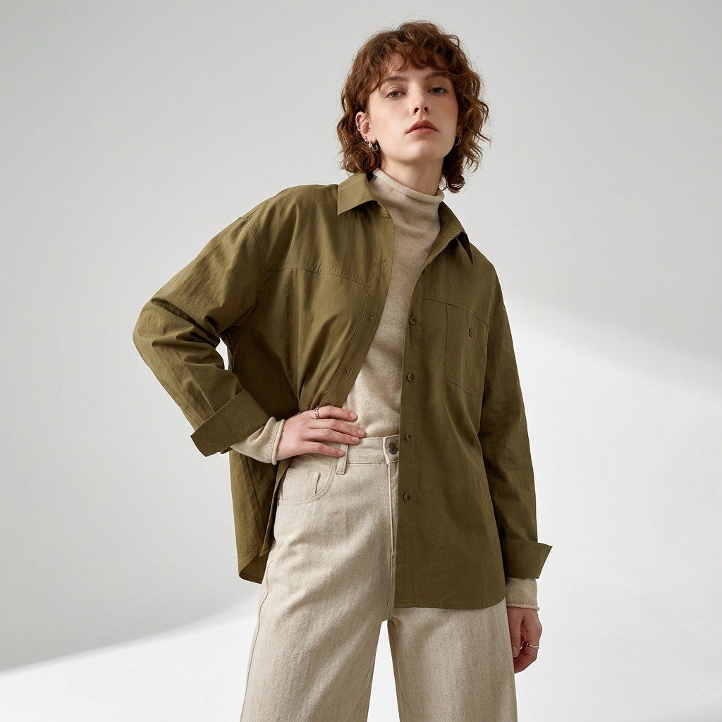 French Old Money Oversized Hemp-Cotton Shirt - OLIVEGREEN