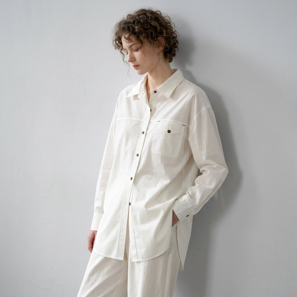 French Old Money Oversized Hemp-Cotton Shirt - WHITE alt