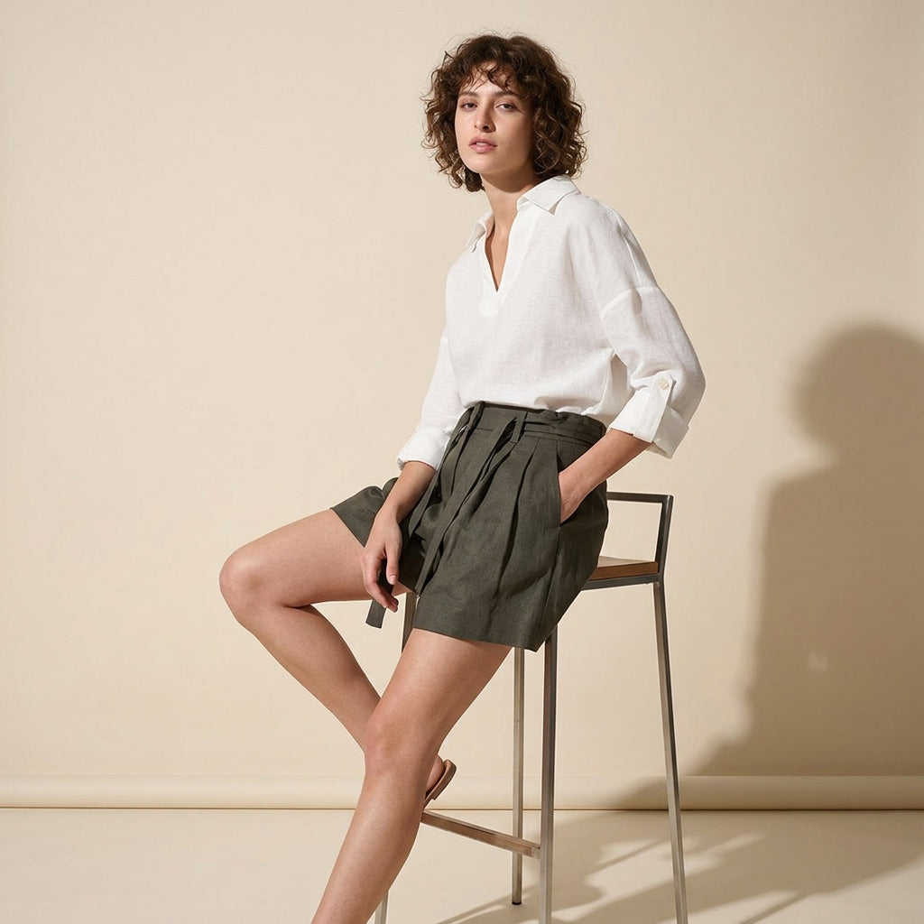 V-Neck Linen Top in Sheer White alt