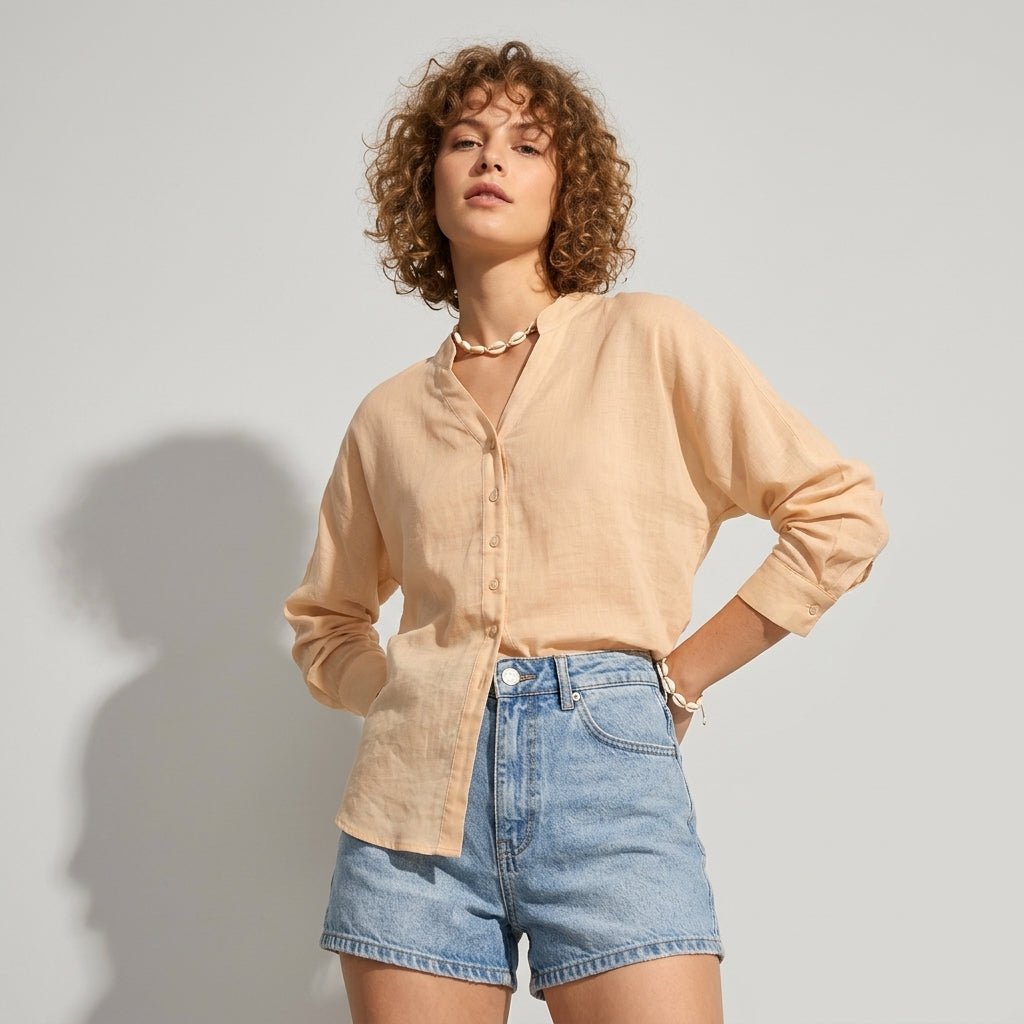 Ramie V-Neck Shirt in Apricot Sand alt