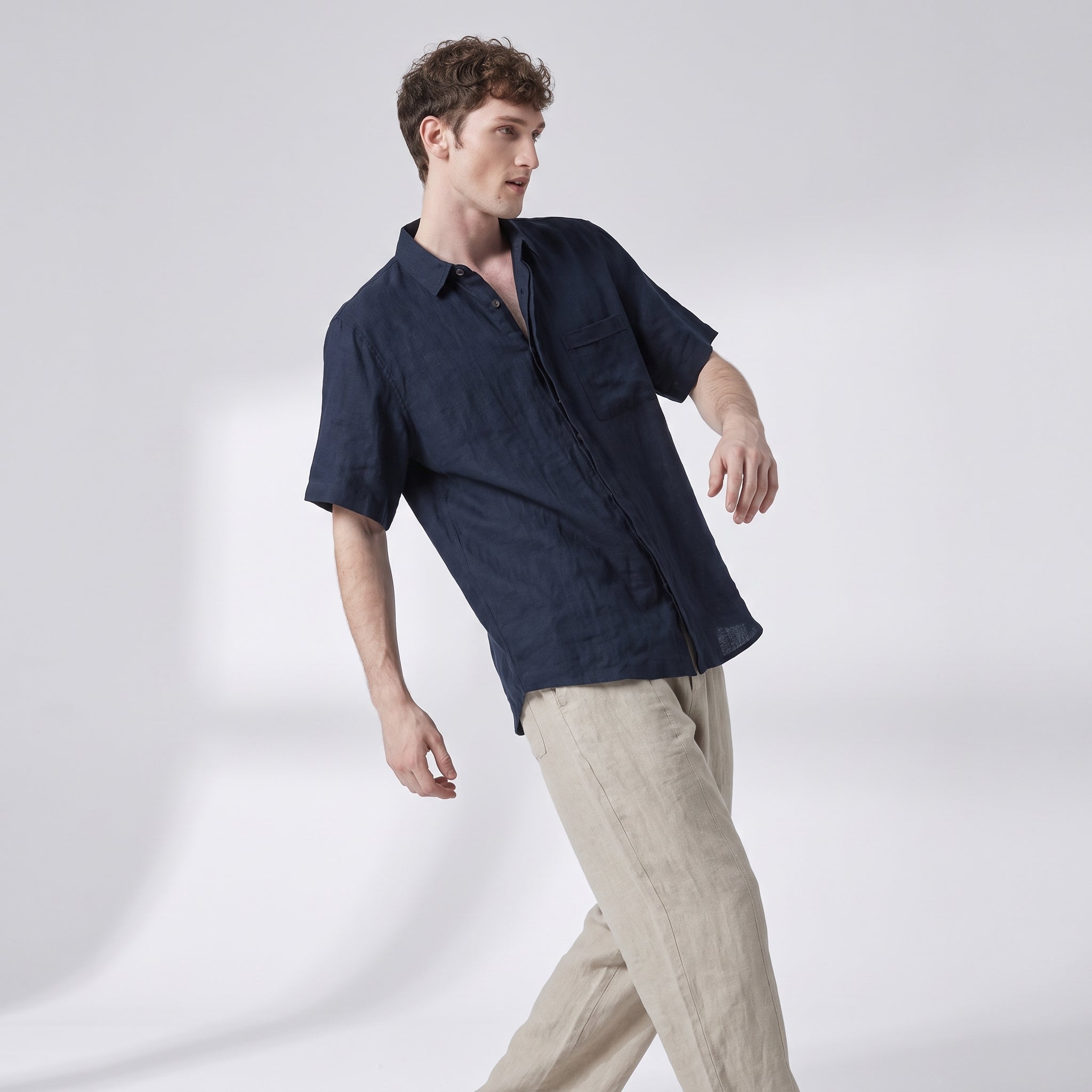 100% Flax Linen Concealed Placket Shirt - NAVYBLUE alt