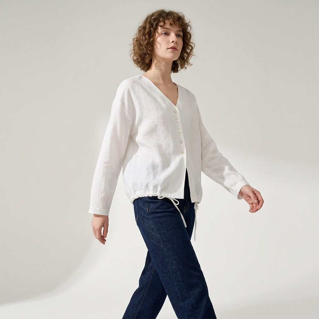 V-Neck Linen Top in Cloud White alt