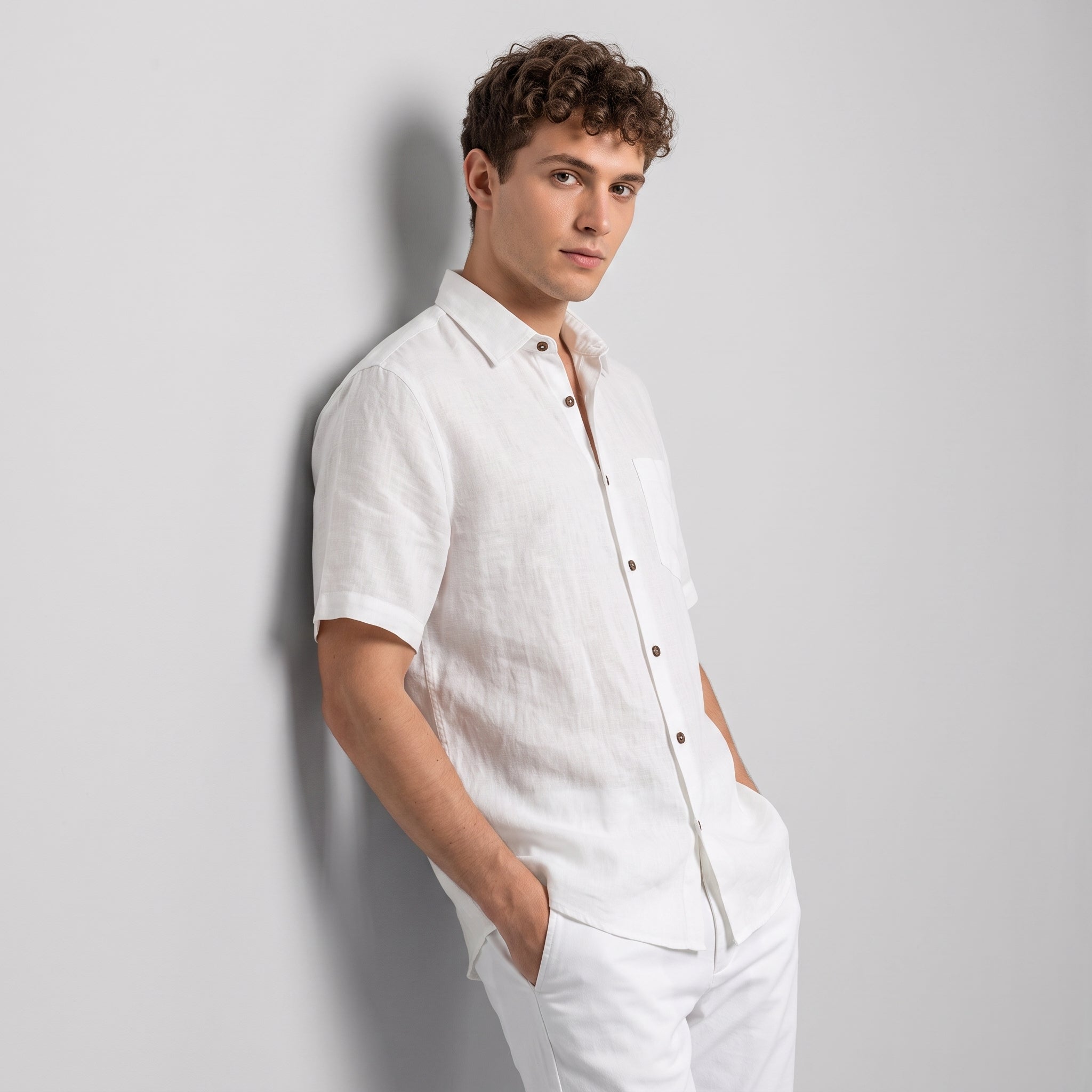 100% Flax Linen Short Sleeve Shirt - OFFWHITE alt