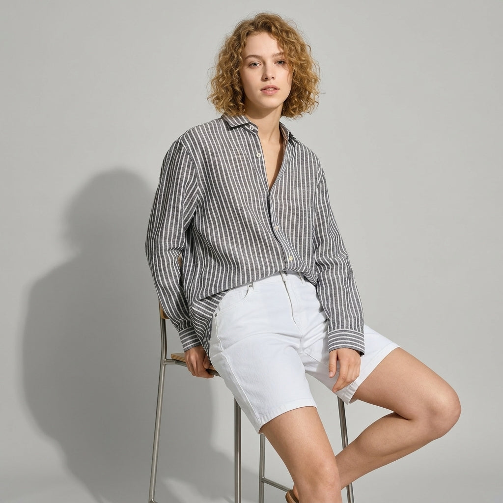 Striped Linen Shirt in Charcoal Grey
