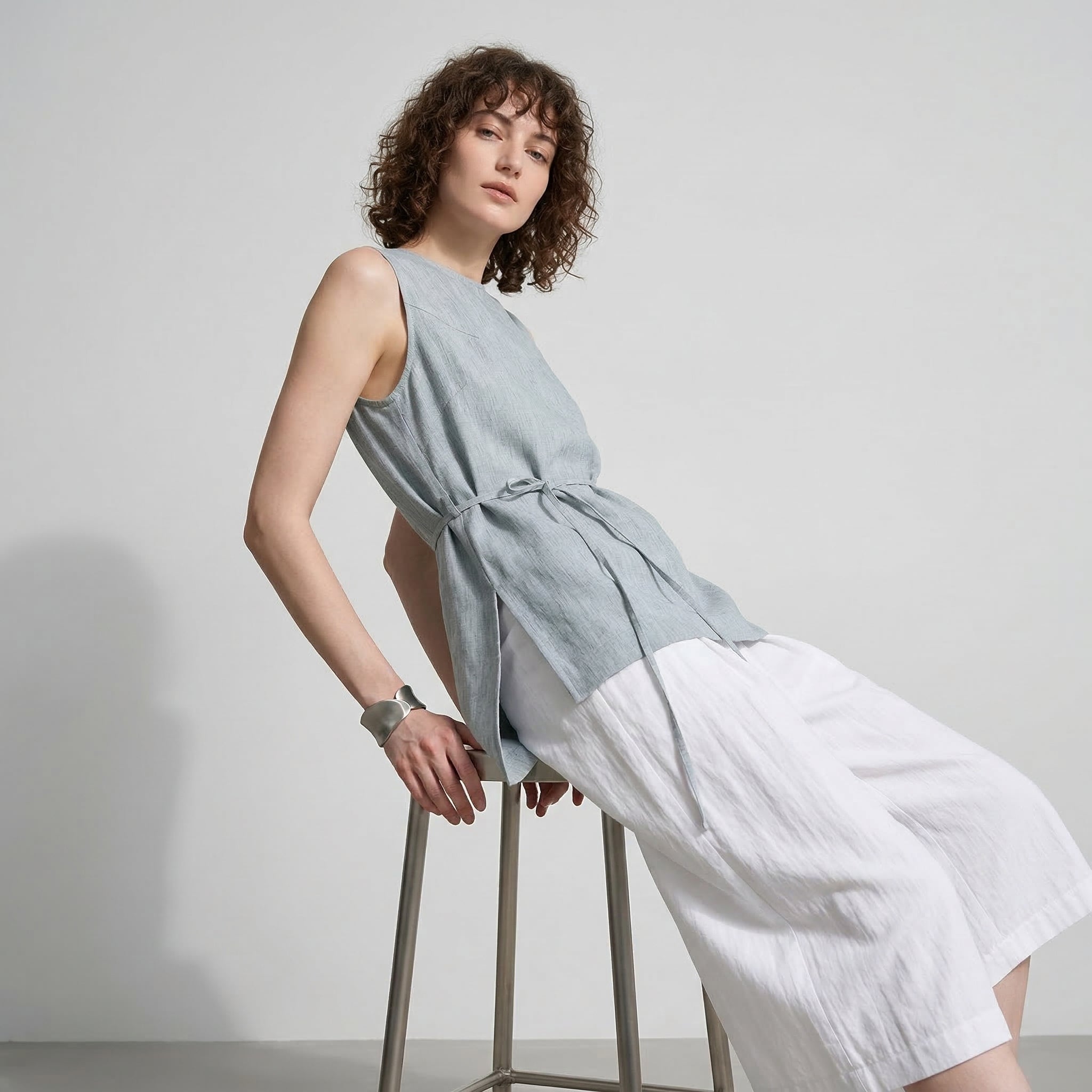 Ease Tie Linen Top in Olive Sand