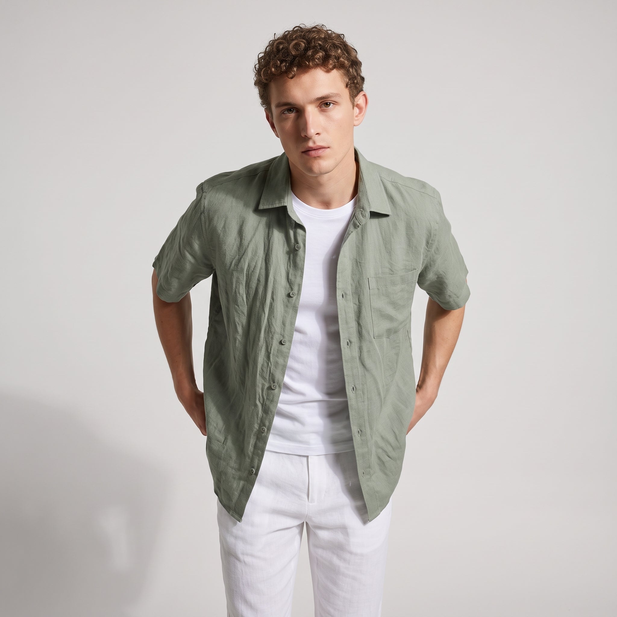 100% Flax Linen Short Sleeve Shirt - GRAYGREEN alt