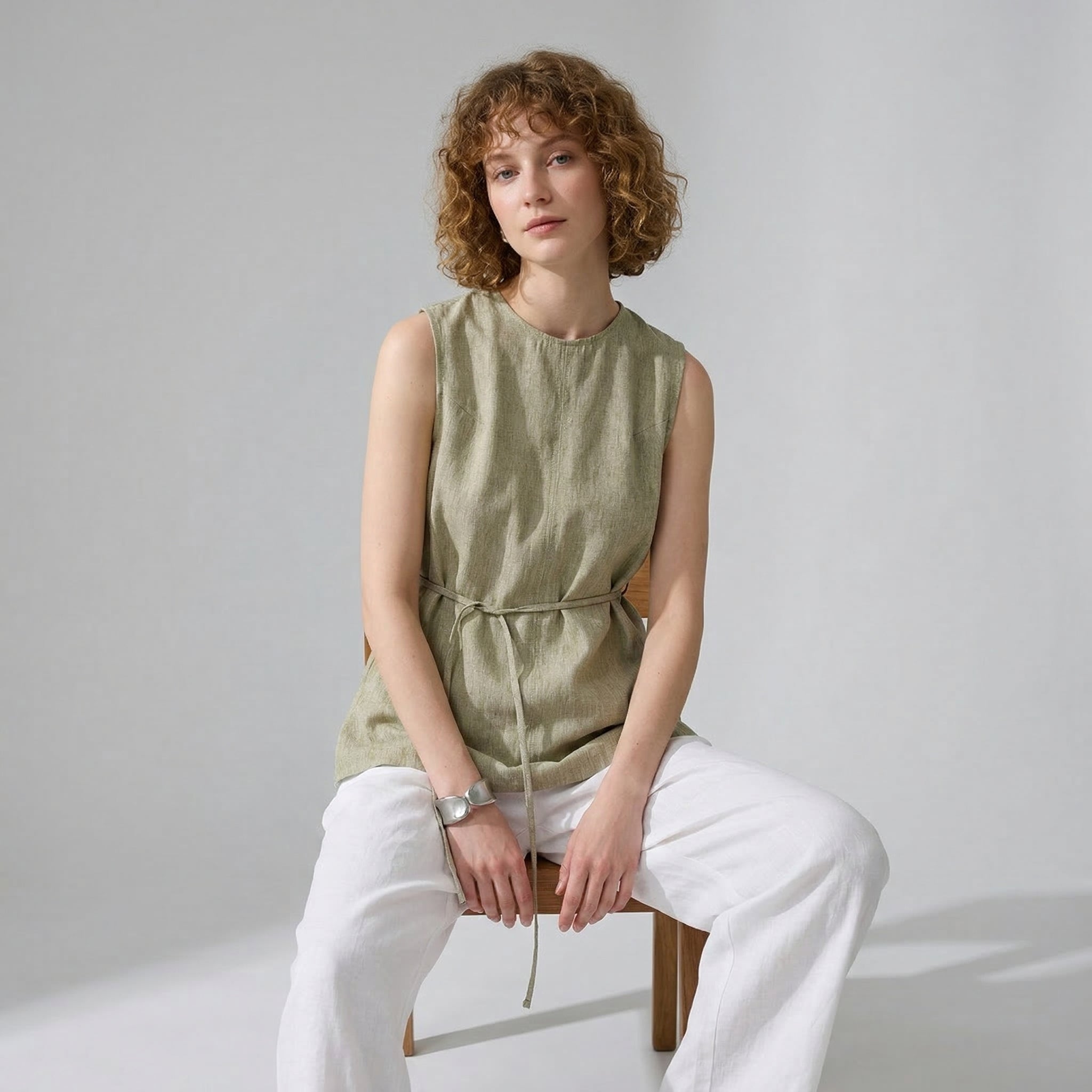 Ease Tie Linen Top in Stone Sage