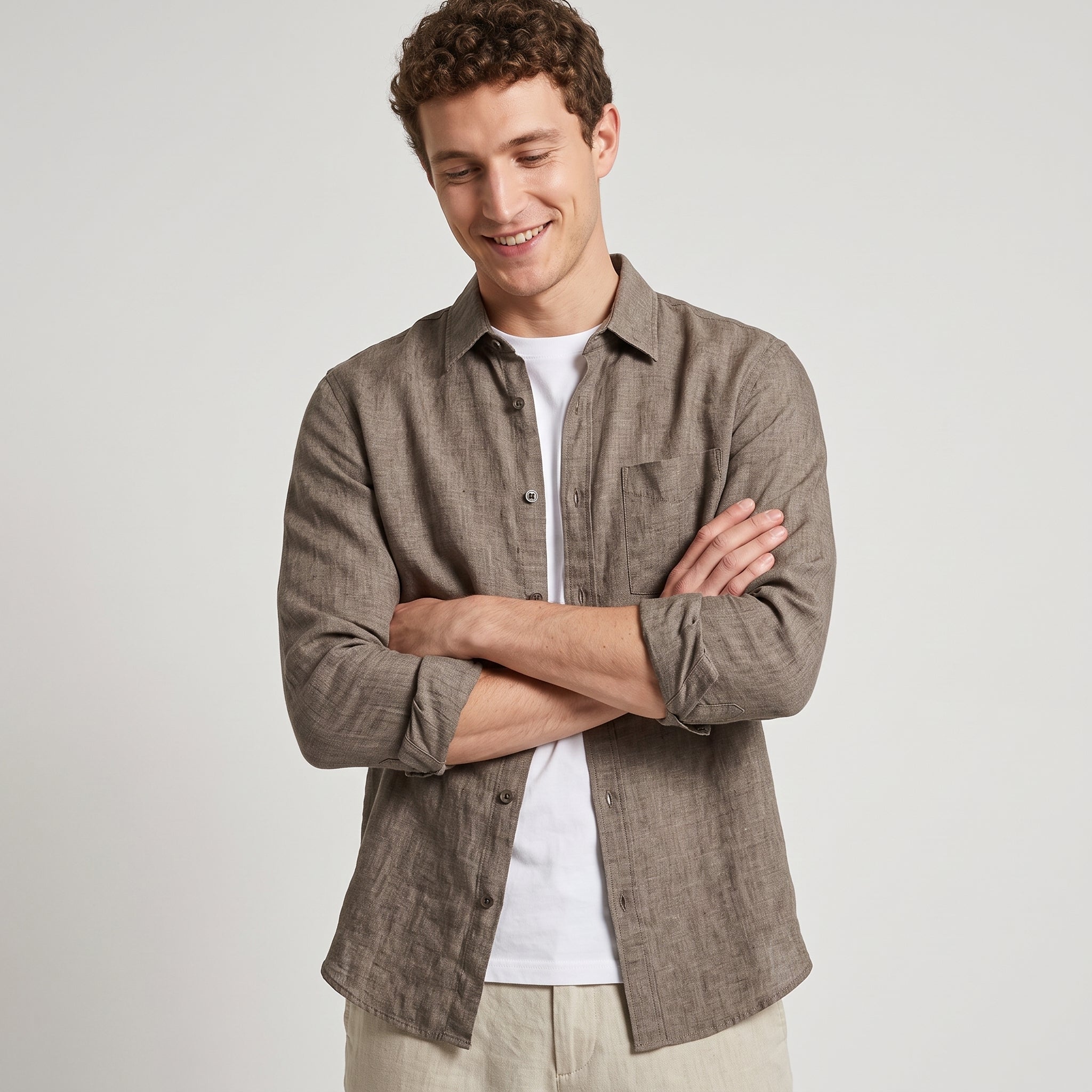 70% Flax Linen - Lyocell Shirt  - HEATHEREDOLIVEBROWN