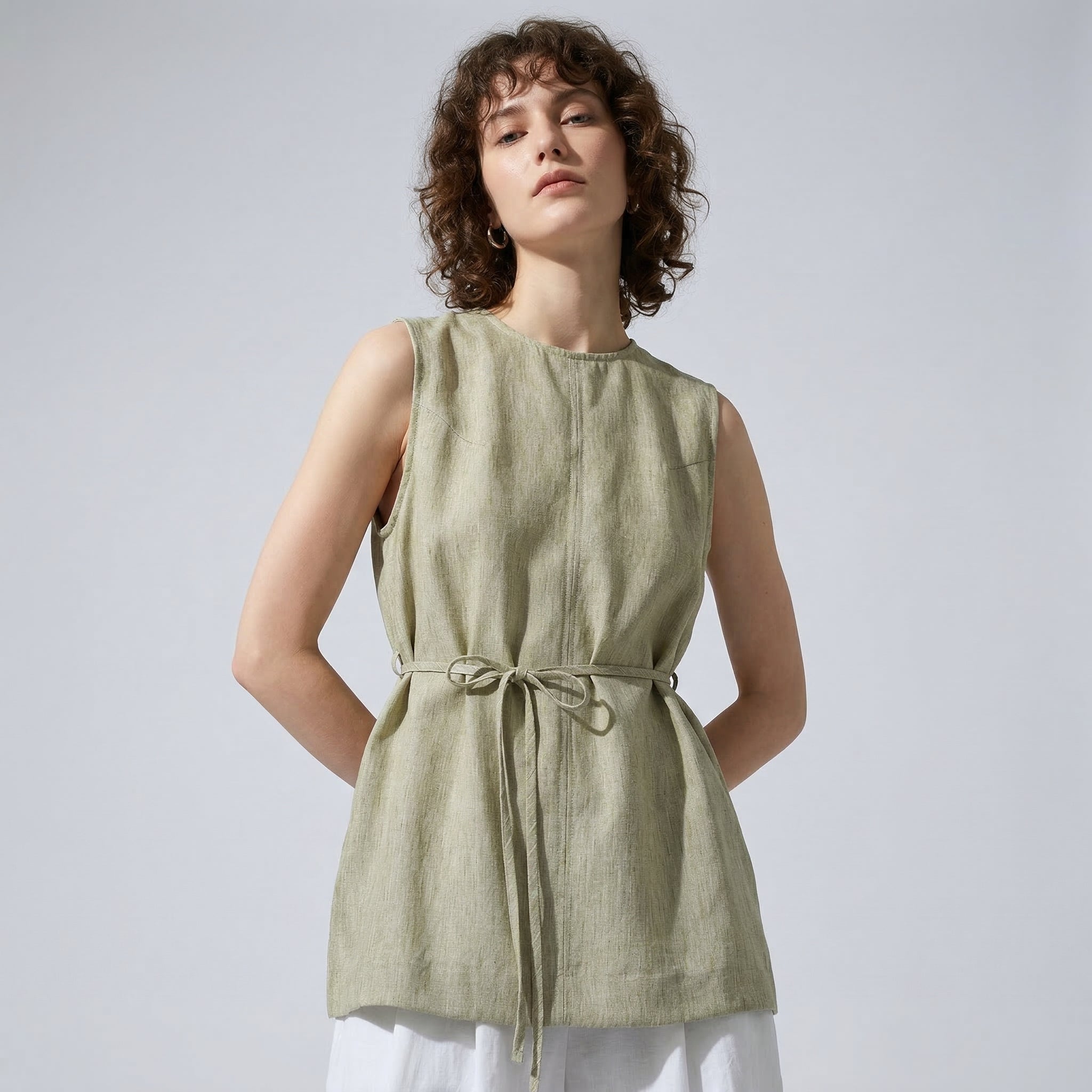 Ease Tie Linen Top in Stone Sage alt
