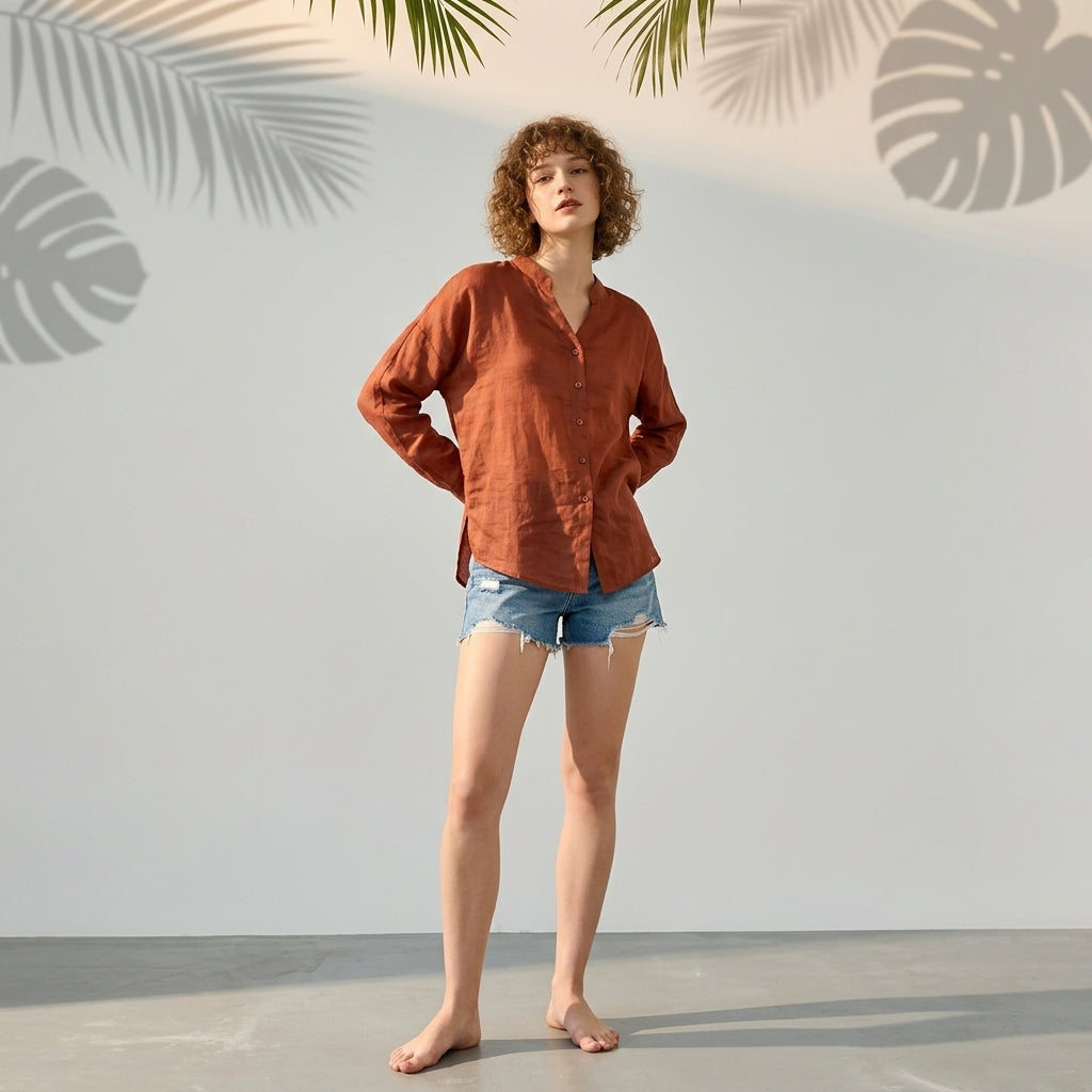 Ramie V-Neck Shirt in Burnt Rust alt