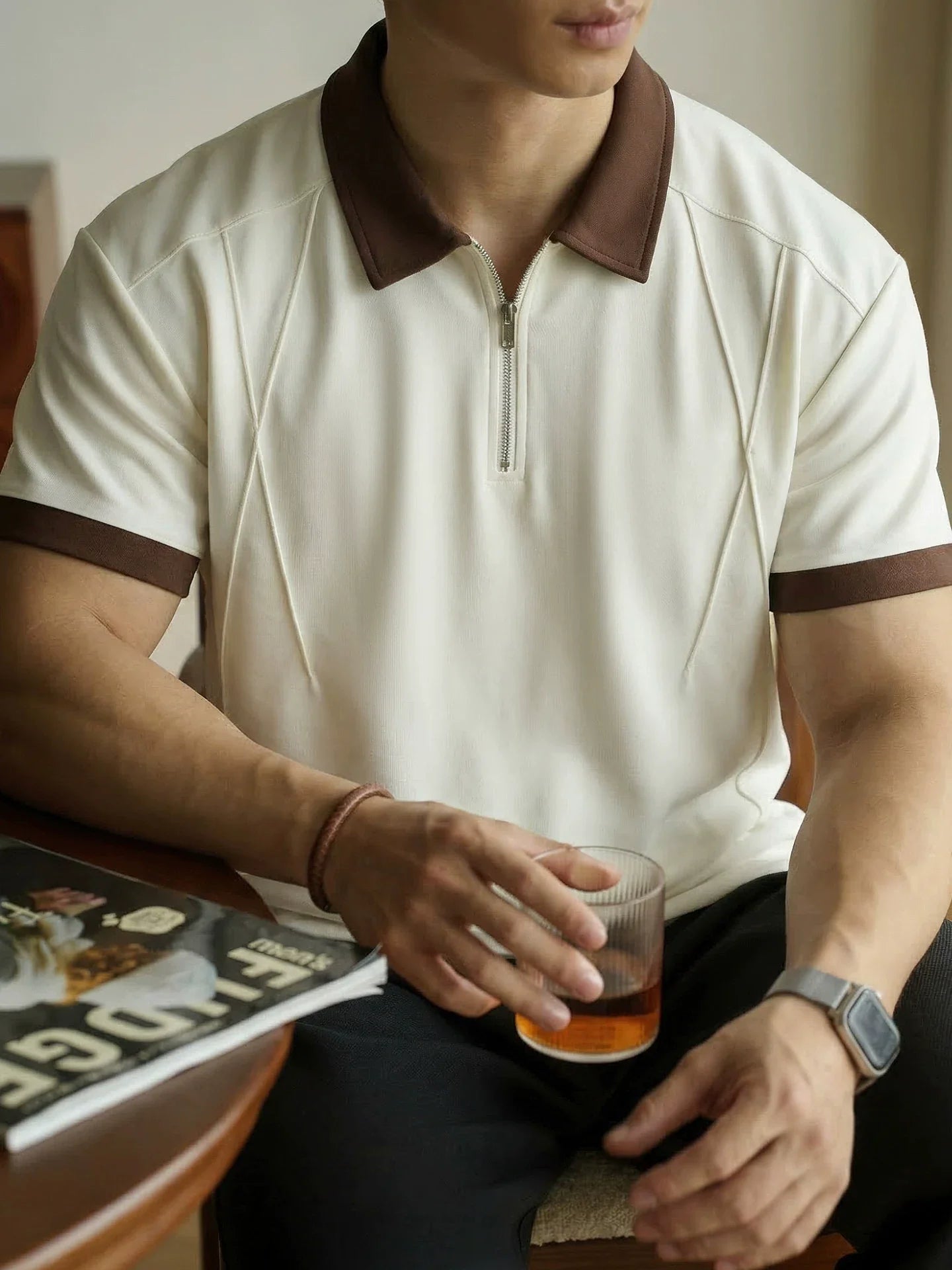Old Money Mercerized Toothpick Strip Polo Tee in Smoke Grey