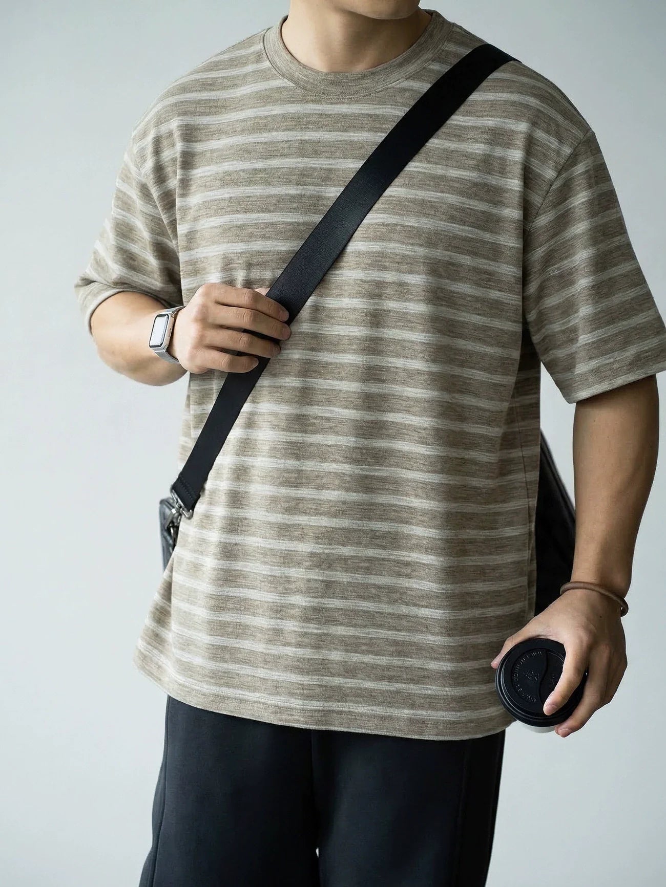 Drop-Shoulder Jacquard Stripe Tee in Apricot Coffee