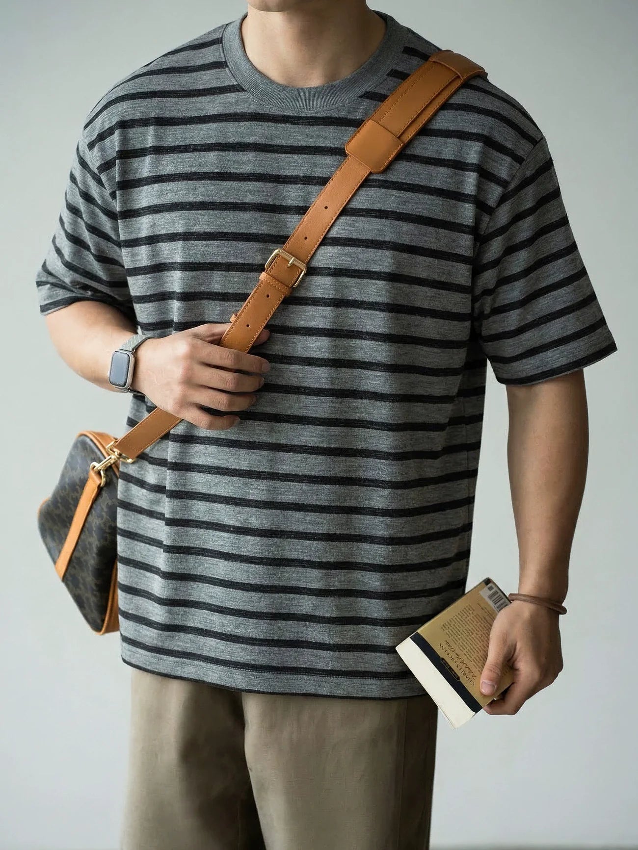 Drop-Shoulder Jacquard Stripe Tee in Dusk Grey
