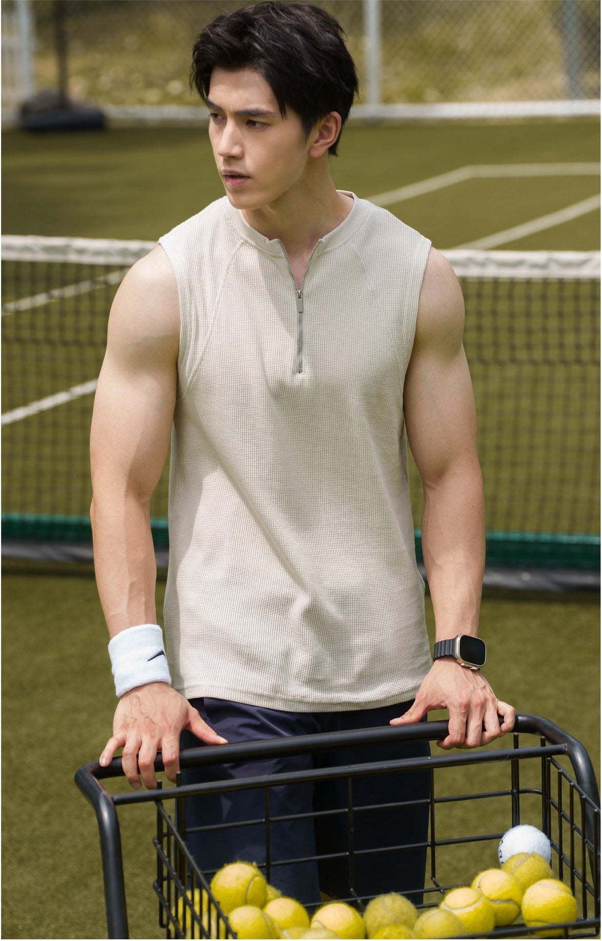 77% Cotton Waffle Half-Zip Sleeveless Vest  in Beige