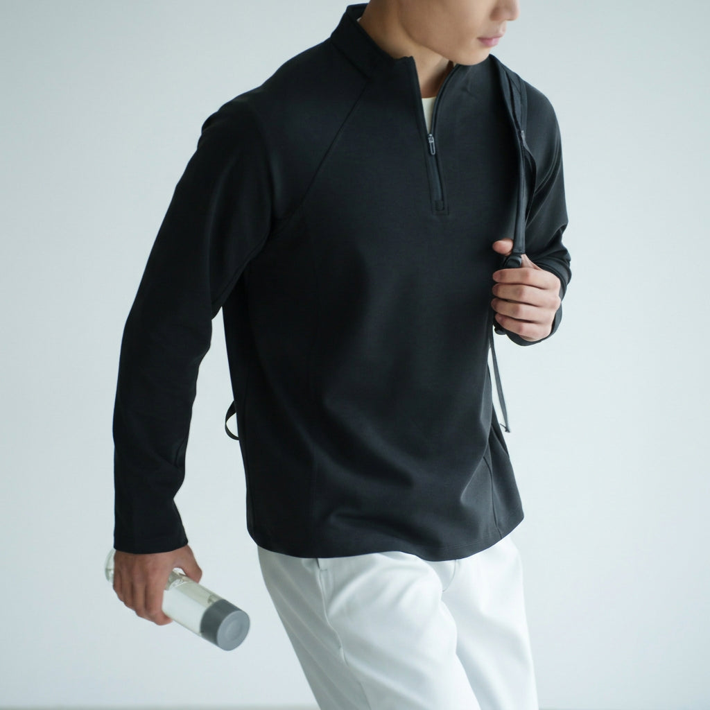 Cotton Lyocell Blend Stand Collar Pullover - BLACK