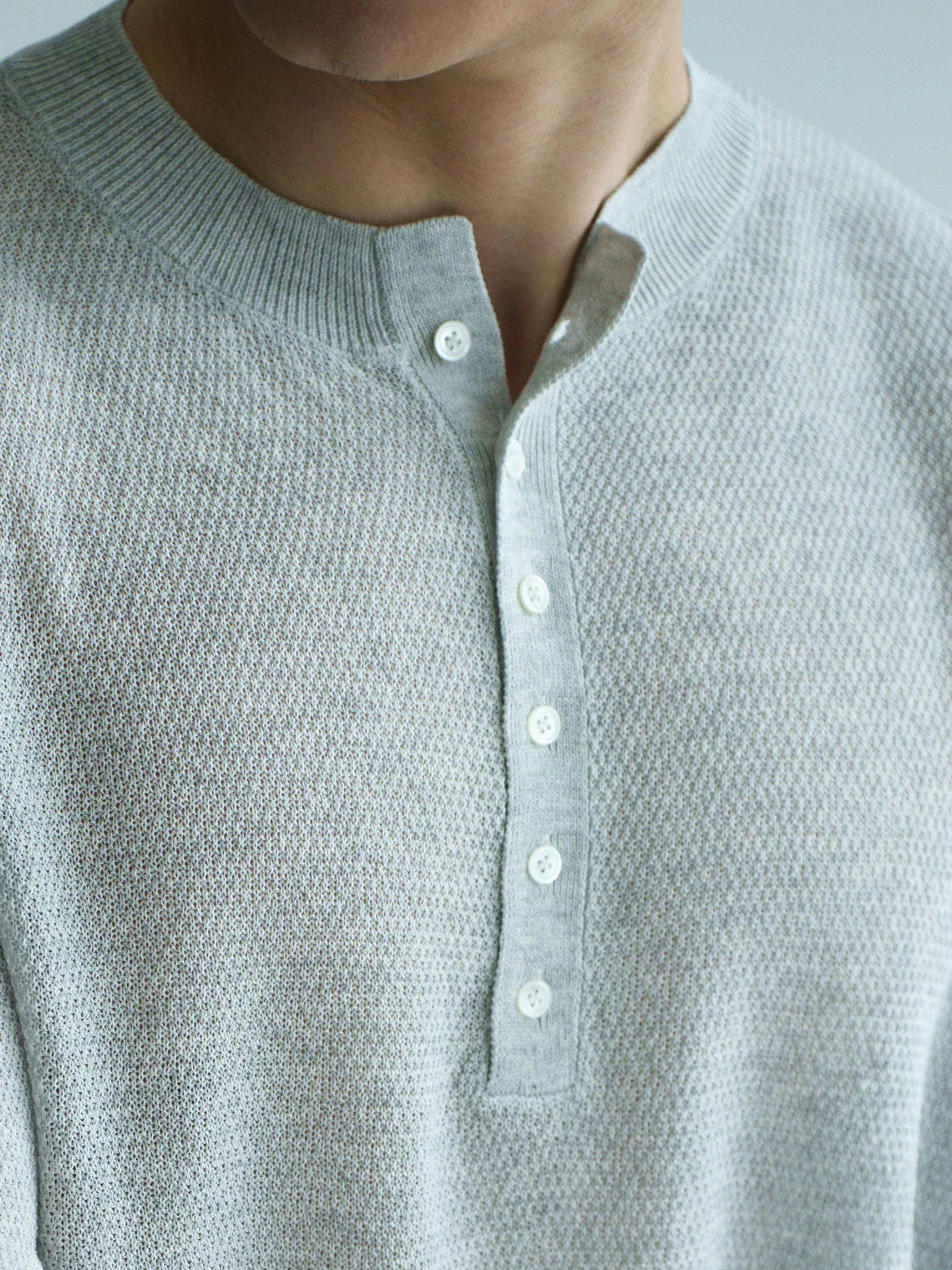 Linen Lyocell Waffle Knit Henley in Melange Grey