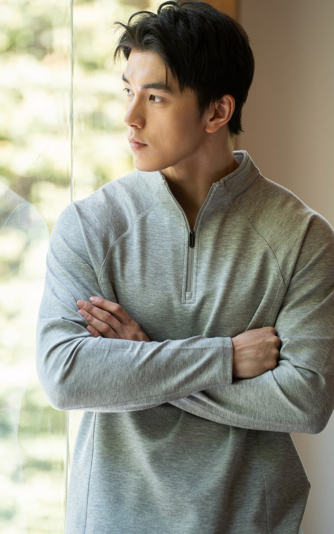 Cotton Lyocell Blend Stand Collar Pullover - MELANGEGRAY
